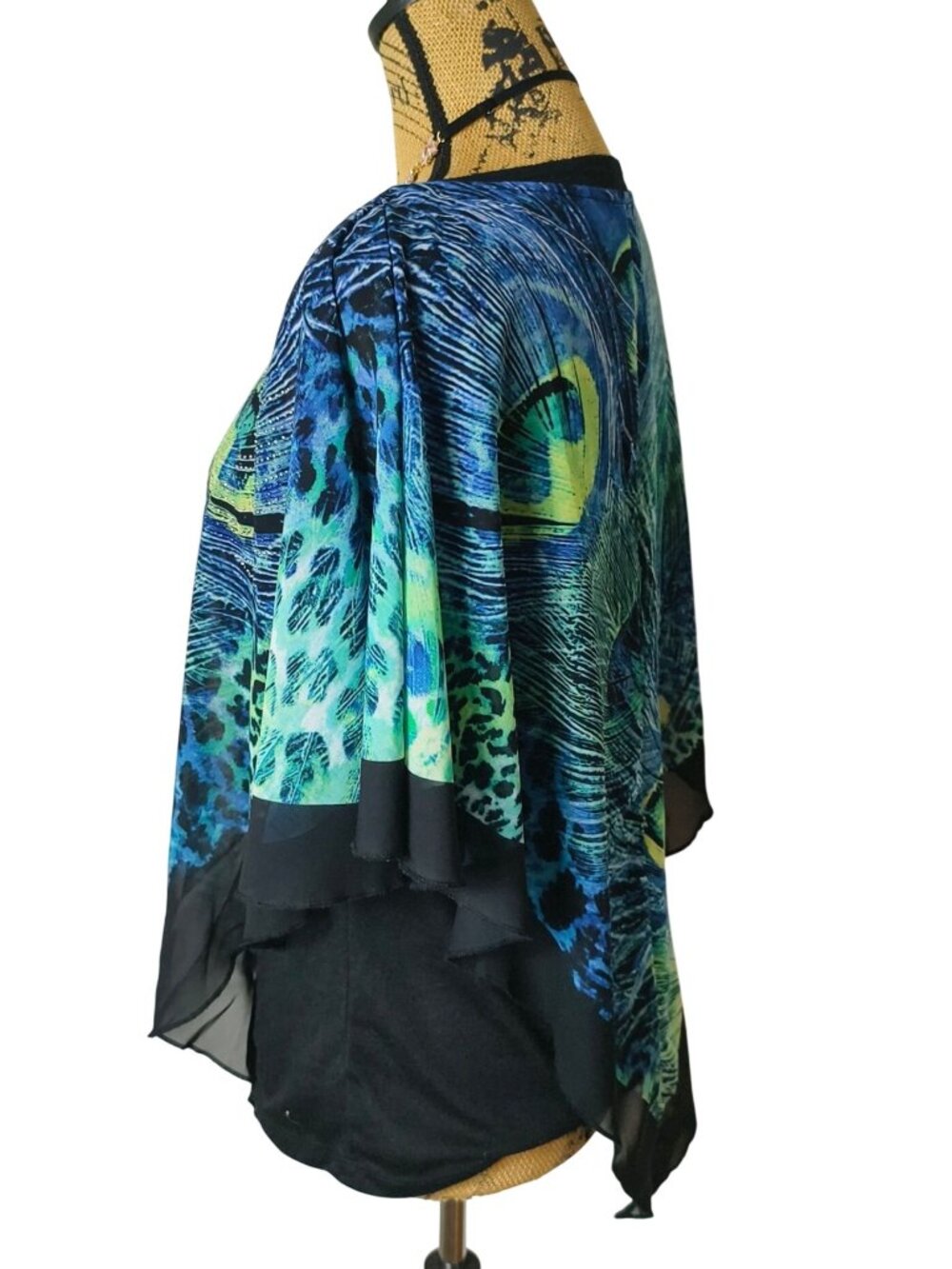 BLEU Womens S Poncho Blouse Peacock Feather Sheer Asymmetrical Psychedelic Boho - Picture 2 of 6